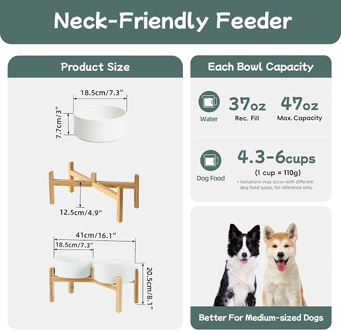 Havniva Dog Bowls Elevated, Ceramic Dog Food and Water Bowl Set | 7.3” Raised Dog Food Bowl, Elevated Dog Bowls with Bamboo Stand, Non-Slip Dog Water Bowl for Medium Dog, Large Capacity