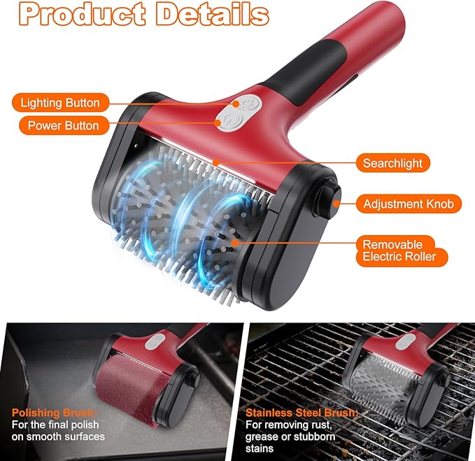 Electric Grill Brush for Outdoor Grill,2600mAh Rechargeable Electric Grill Cleaner with 2-Speed(Max 1000RPM)，2 Replacement Heads and LED Light for Outdoor/Camping BBQ Grates Cleaning Tool (Red)