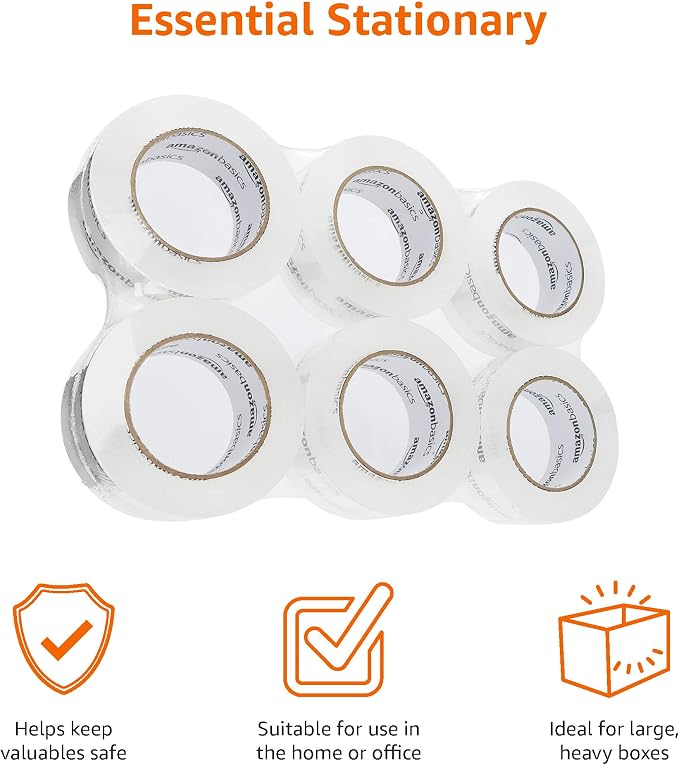 Amazon Basics Packing Tape, Strong & Durable for Moving, Storage, Shipping, Mailing and Sealing, Crystal Clear, 1.88" x 109 Yards, 6-Pack