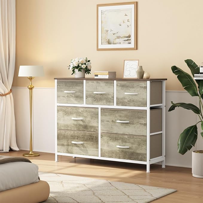 Sweetcrispy 7 Drawer Dresser with Fabric Bins, Fabric Storage Tower Organizer for Bedroom, Closet, Hallway, Entryway, Tall Chest of Drawers with Steel Frame, Wood Top, Large Storage, Greige Oak