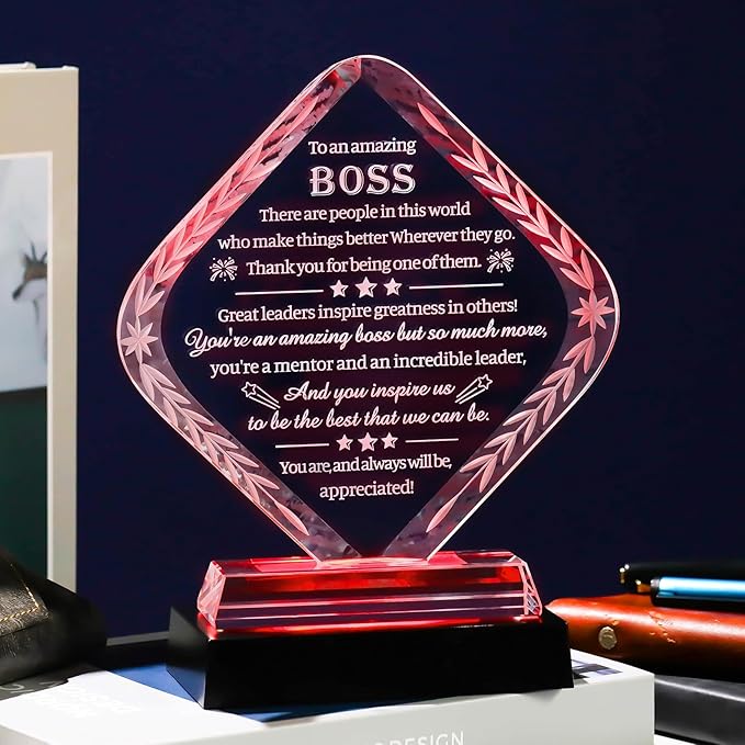 Movdyka Best Boss Gifts for Men Women Crystal Plaque Keepsakes with Colorful Light Base Great Boss Appreciation Thank You Farewell Retirement Gifts for Boss Day Birthday Office Decor