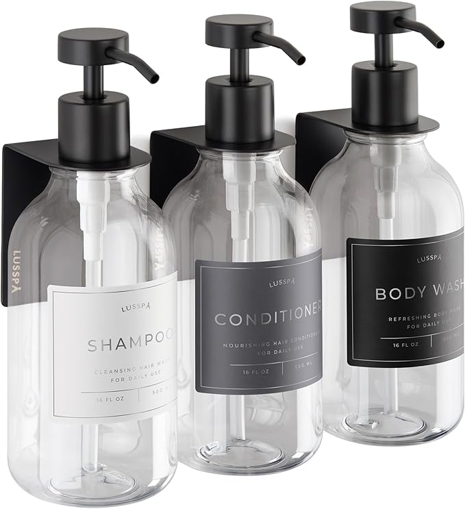 Shower Shampoo Dispenser Wall Mounted – 3 Refillable 16.9 oz Clear Bottles with Stainless Steel Pumps & No-Drill Adhesive Holders – Soap Dispenser Set for Bathroom (3 X Clear/Black)