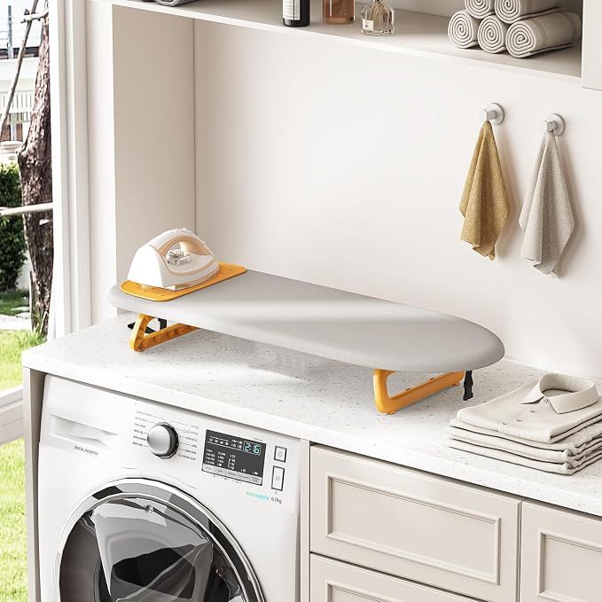 KINGBOARD Tabletop Ironing Board, Small Ironing Board with Iron Mat, Foldable Mini Iron Board, Easy Storage for Travel & Dorm, 12x32 Grey & Orange