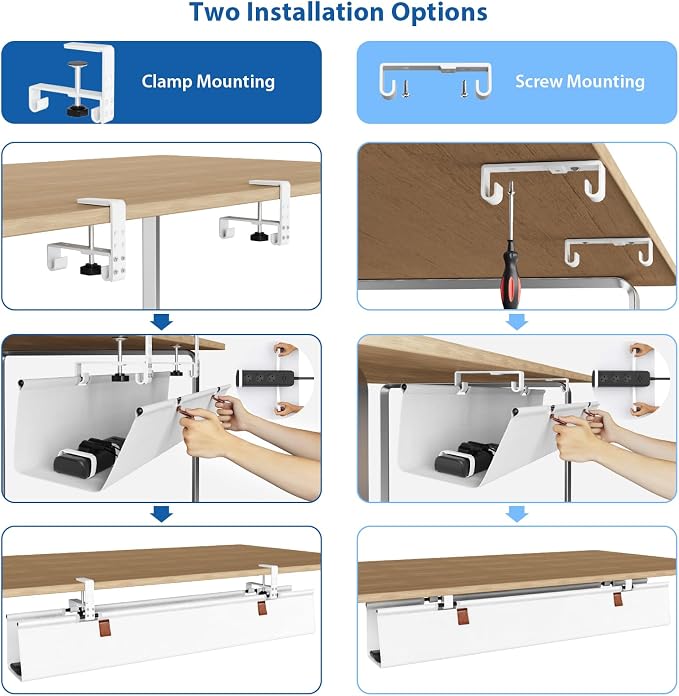 Zilink Large Cable Management Under Desk 40" No Drill Desk Cable Management Clamp/Screw Mount Fabric Cable Tray Sturdy Waterproof Cable Organizer for Office, Home, White