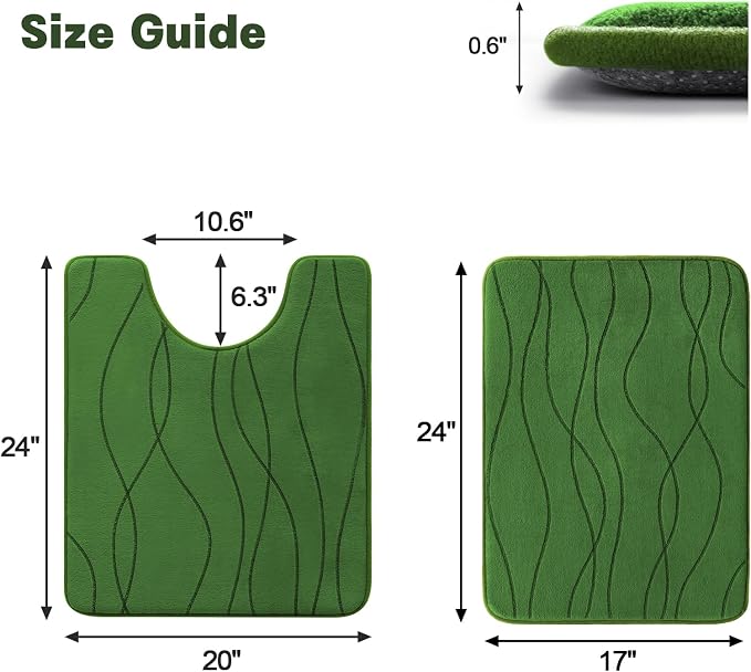 YIHOUSE Bathroom Rugs Set 2 Piece, Memory Foam Bath Mat Green | U Shaped+Small Mat, Ultra Soft, Absorbent, Non-Slip, Machine Washable, for Bathroom, Sink and Toilet