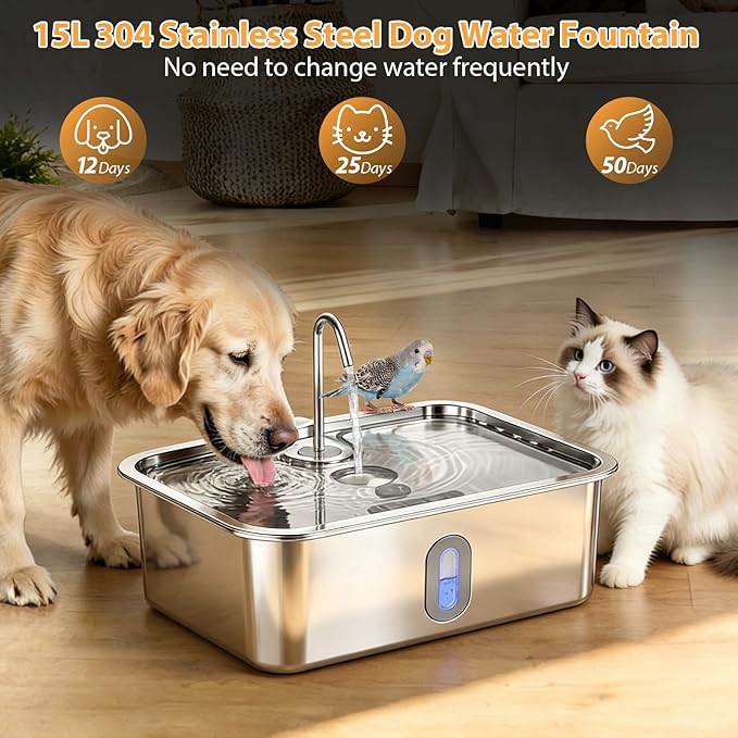 15L/4Gal Stainless Steel Dog Water Fountion Pet Fountain,6Set Filter | Ultra Quiet,Extra Large Capacity,5 Layer Filtration System,Water Level Window & LED Light,Visible Faucet-Style Spout