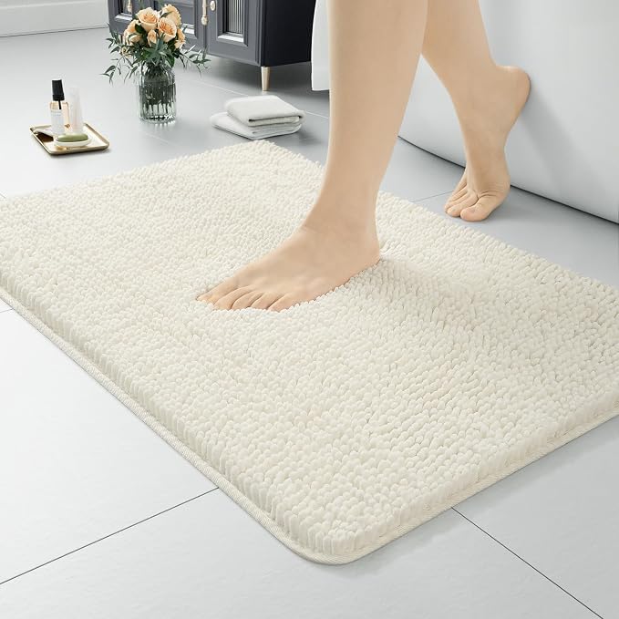 LOCHAS Luxury Bathroom Rug Shaggy Bath Mat 24 x 17 Inch, Cream White | Washable Non Slip Bath Rugs for Bathroom Shower, Soft Plush Chenille Absorbent Carpets