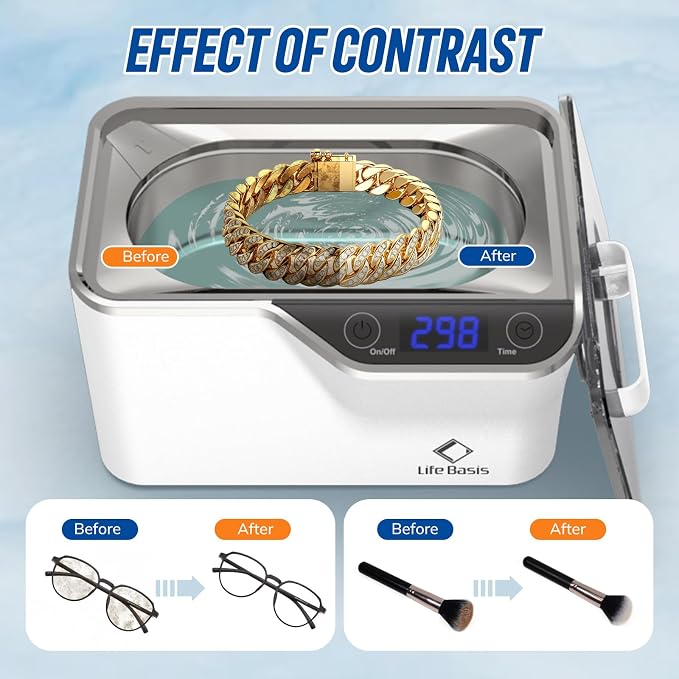 LifeBasis Ultrasonic Cleaner – 45kHz Professional Ultrasonic Jewelry Cleaner 600ML with Built-in Cooling Fan, 5 Digital Timer for Rings, Coins, Watches, Eyeglasses, Dentures, Retainers & More, White