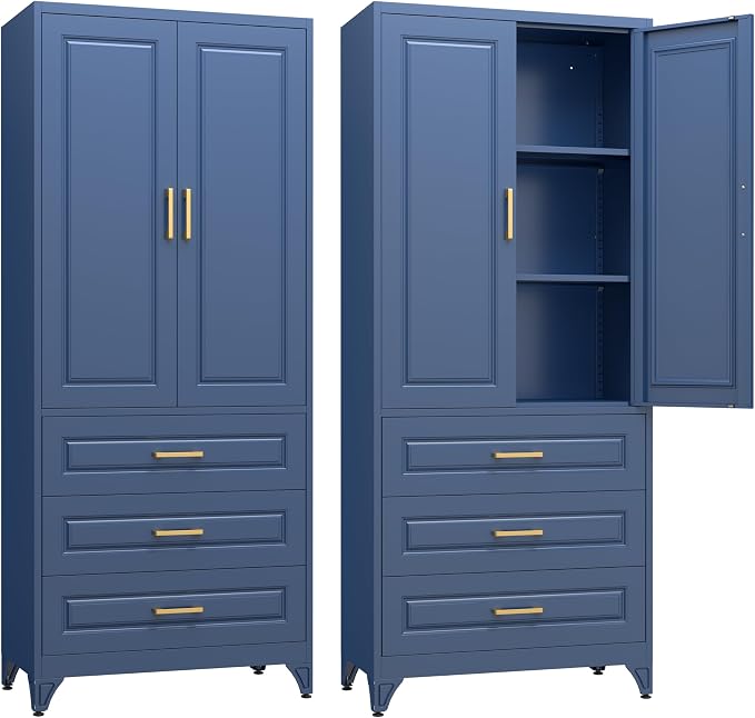 SteeLoong 75" Metal Storage Cabinet with Doors and 2 Adjustable Shelves | Kitchen Pantry Cabinet with 3 Drawers,Blue Kitchen Cabinet with 2 Gold Handles,Food Cupboard for Livingroom,Pantry, Bathroom