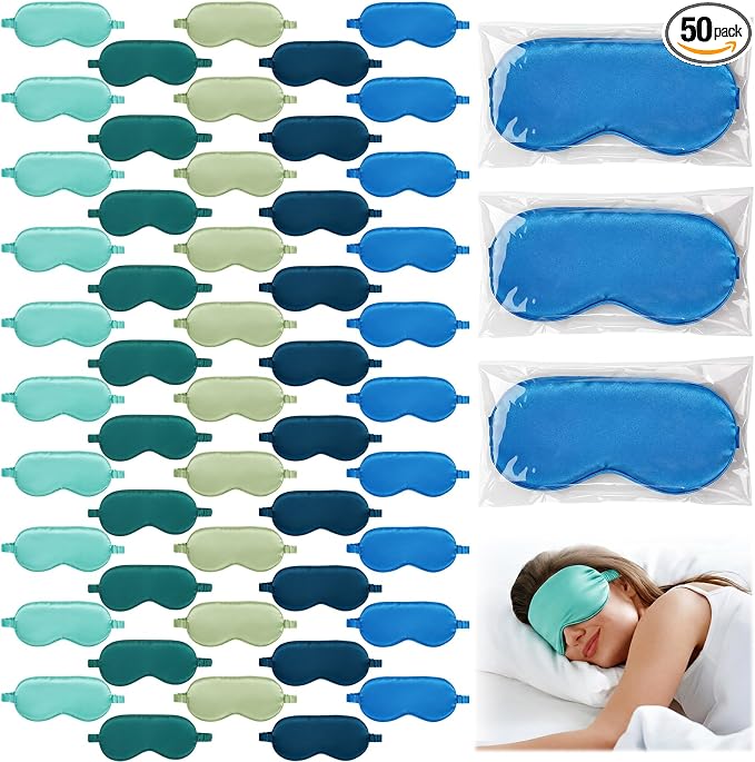 Cutecrop 50 Pcs Silk Sleep Mask Blackout for Women Men, Adjustable Comfortable Eye Cover Blindfold No Pressure for Sleeping, Travel, Napping, 5 Colors(Green Color)