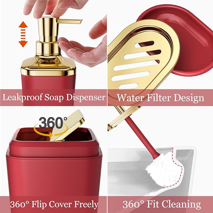XLHOMO Bathroom Set, 9PC Bathroom Accessory Set, Burgundy Bathroom Accessories, Burgundy Bathroom Set, Trash Can, Soap Dispenser for Home Decor