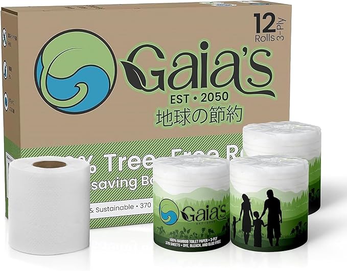 Gaias Premium and Soft Organic Bamboo Toilet Paper | 12 Mega Rolls, 3 Ply, 370 Sheets | FSC Certified, PFAS & BPA Free, Eco-Friendly, Sustainable Tissue - Plastic Free, Septic Safe, Vegan