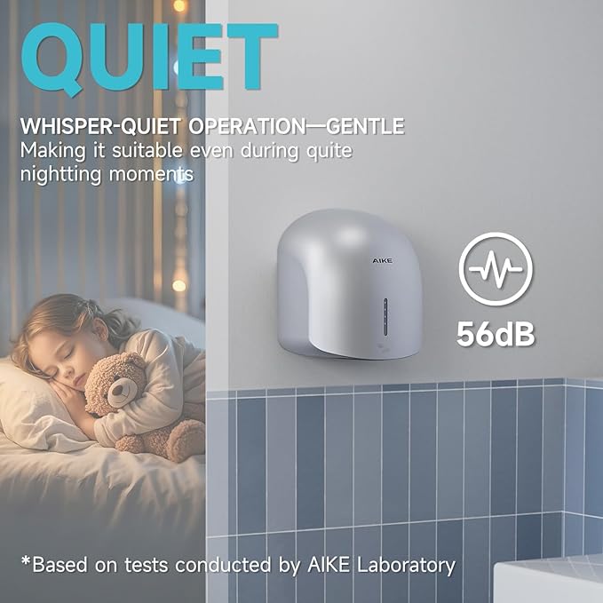 AIKE GentleAir Warm Hand Dryer,Low Noise Perfect for Home Bathrooms,Silver Cover AC110V-130V,Model AK2637