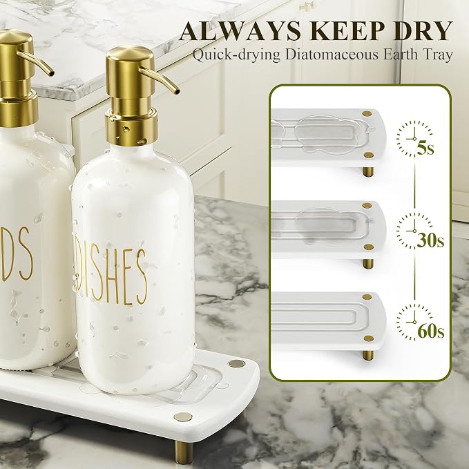 Cisily Kitchen Soap Dispenser Set Comes with Ceramics Sponge Holder, Gold Pumps, and Instant Dry Tray, Hand and Dish Soap Dispenser Set (4, Gold + Off White + Sponge Holder)