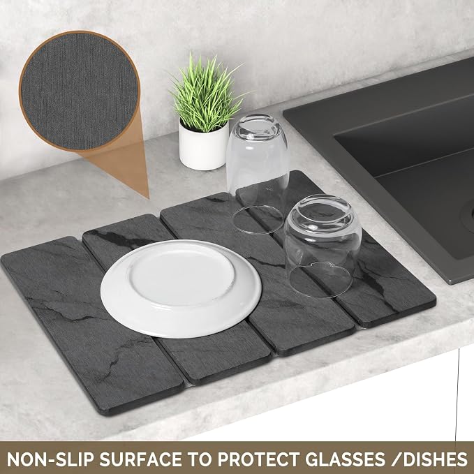 Small Stone Dish Drying Mat for Kitchen Counter, 2 PCS 16"×12" & 8"x4" Quick Dry Stone Mats, Foldable Water Absorbing Diatomite Drying Dish Pad for Countertop Bottles Utensils Cups(Dark Gray Ink)