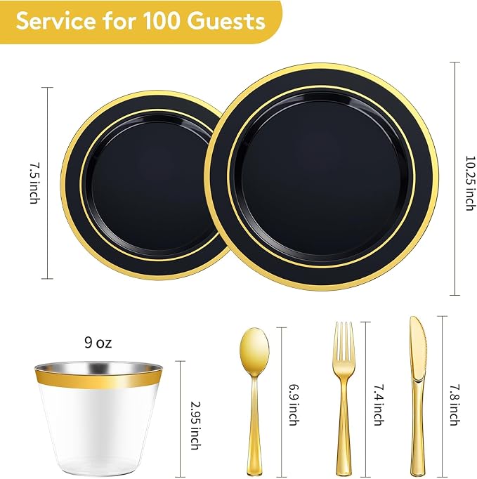 Goodluck 600 Pieces Black Plates for 100 Guests, Plastic Plates for Party, Dinnerware Set of 100 Dinner and 100 Dessert Plates, 100 Spoons, 100 Forks, 100 Knives, 100 Cups