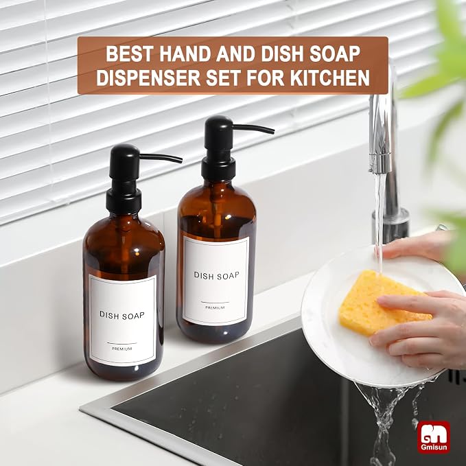 GMISUN Amber Glass Soap Dispenser, 4 Pack Bathroom Hand Soap Dispensers with Stainless Steel Pump, 17 Fl Oz Kitchen Hand and Dish Soap Dispenser Set, Modern Vintage Liquid Brown Soap Dispensers Bottle