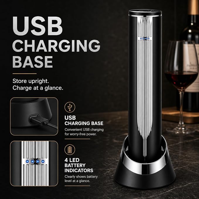 BLUBYEES Electric Wine Bottle Opener with Charging Base & Built-in Foil Cutter – Rechargeable Intelligent Touch-Activated Automatic Corkscrew – Luxury Christmas Wine Gifts for Women, Men, Seniors