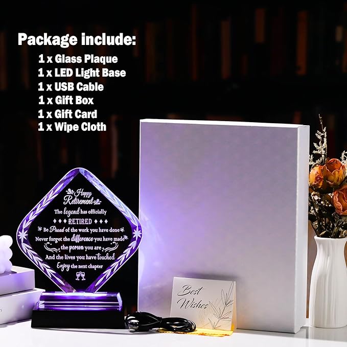 Glass Retirement Plaque Gifts for Women Men with LED Light Base, Happy Retirement Gift for Colleagues Boss Friends, Farewell Goodbye Gift Idea for Her Going Away, Retired Keepsakes for Teacher Doctor