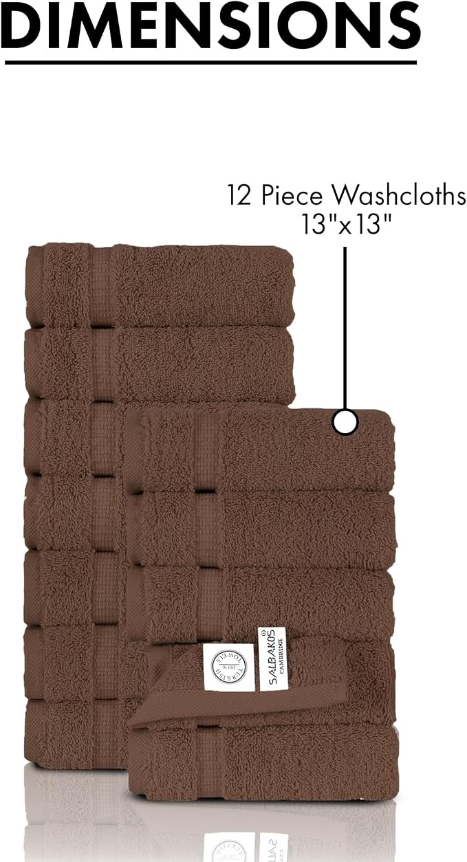 SALBAKOS 12-Piece 100% Turkish Cotton Washcloths and Face Towels, Chocolate | 13x13 in Standard Size Small Towel, Multi-use Bathroom & Kitchen, Thick Super Soft Absorbent Durable, Oeko-Tex Made in Turkey