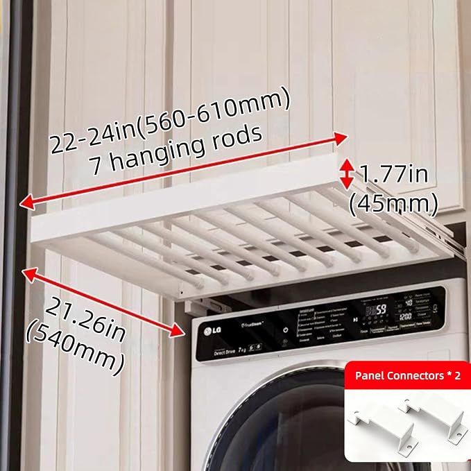 Hidden Pull Out Drying Rack, Extendable Pull Out Trousers Rack, Space Saving, Above Washing Machine Wardrobe, Aluminum Alloy, Soft-Close, Depth 21.26in Width 22-24in White