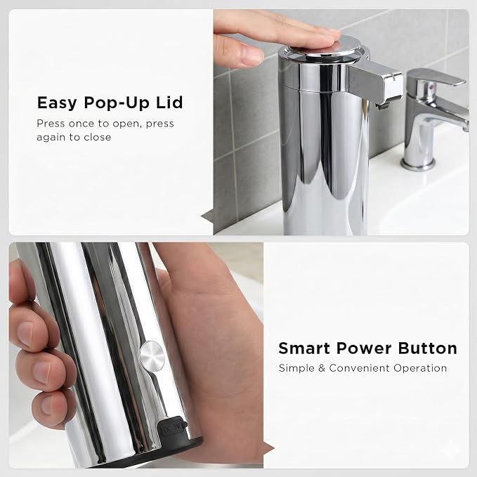Newise Automatic Soap Dispenser with 3 Adjustable Dispensing Modes, 9 oz Touchless Sensor Stainless Steel, Rechargeable Hand Liquid Soap Dispenser for Kitchen & Bathroom, Chrome Metallic
