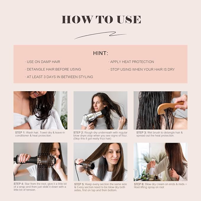 120-240V Travel Brush Hair Dryer, Small Hair Straightener Brush with European Plug Adapter for International Travel, 4 in 1 Hot Air Styler & Dryer for Drying Straightening Curling Volumizing