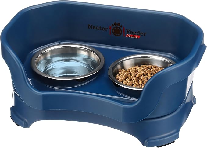 Neater Pet Brands Neater Feeder Deluxe Mess Proof Cat Bowls Elevated, Made in USA, No Spill Raised Bowls for Indoor Cats, Stainless Steel Food and Water Bowl Set, Pet Dish Feeding Station, Dark Blue