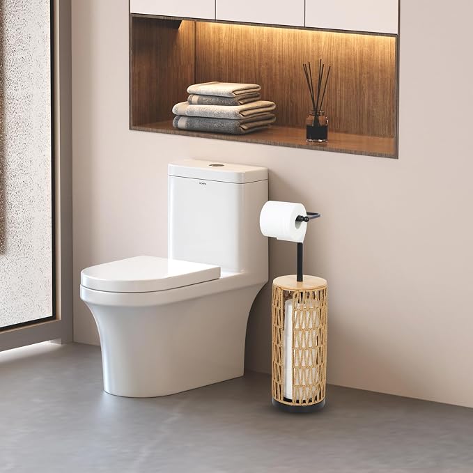 Trongee Freestanding Toilet Paper Holder with Storage,3 Rolls of Boho Toilet Paper Holder Stand with Lid,Gold Toilet Tissue Holder Stand Rattan Paper Storage Wicker Toilet Roll Holder Basket