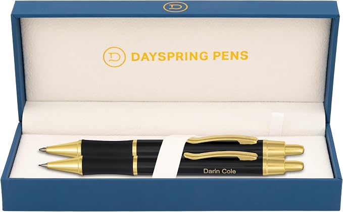 Dayspring Pens Monroe Pen and Pencil Set, Black Lacquer with Gold Accents, Custom Engraved — Graduation, Promotion, Anniversary, or New Job Gift