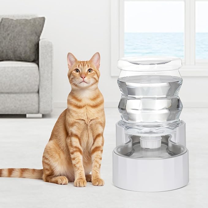 RIZZARI 4L Cat Water Dispenser – Stainless Steel, White, Gravity Fed | No Power Needed, Non-Slip Base, Easy-Clean, for Cats & Small Dogs, for Kitchen/Bedroom
