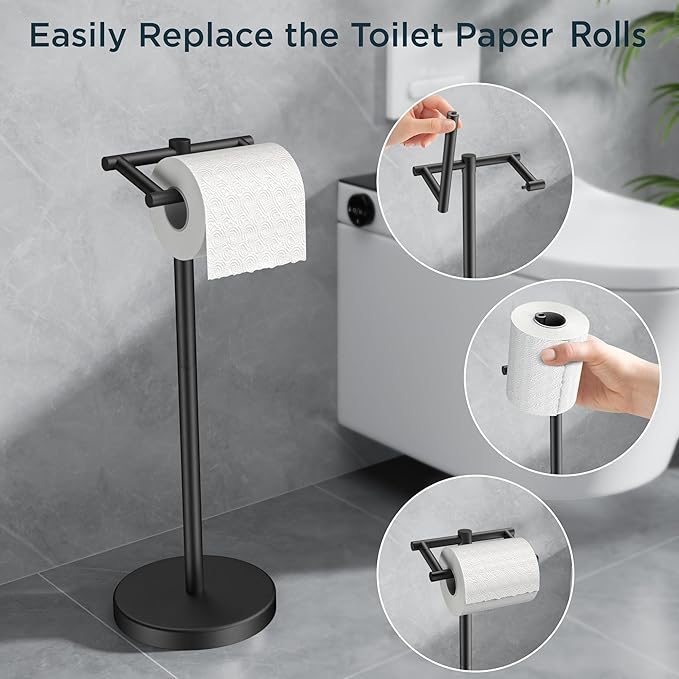 FORIOUS Toilet Paper Holder Wall Mount, Stainless Steel Rustproof Double Post Pivoting Tissue Roll Holder for Bathroom, Commercial Toilet Paper Dispenser Toilet Paper Stand, Matte Black
