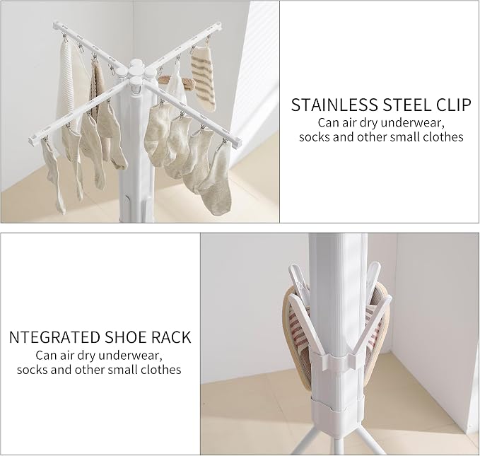 RFOUO Clothes Drying Rack Tripod Aluminum-4rods16 Clips,Portable Foldable Drying Rack,Space-Saving,Drying Rack Clothing for Laundry Bedroom Household RV Camping