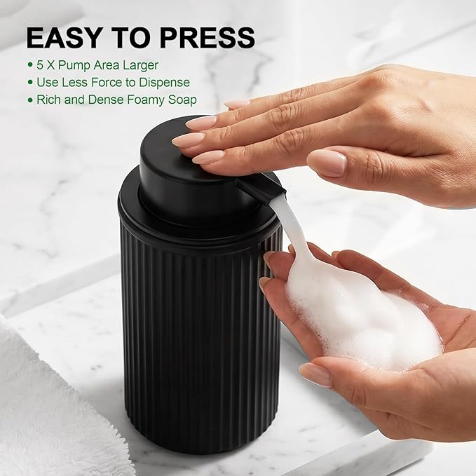 KASUNTING Matte Black Foaming Soap Dispenser, 2 Pack Ribbed Glass Foam Hand Soap Dispenser for Bathroom, Refillable Foaming Pump Bottle with Black Pump, Modern Dish Soap Foam Dispenser