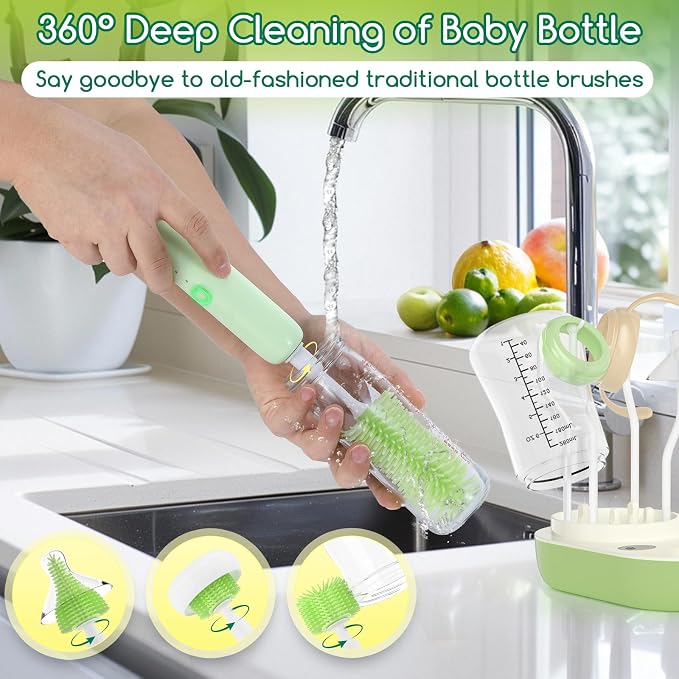 Electric Bottle Brush Cleaner,Wireless Charging Electric Baby Bottle Brush Cleaner,Nipple/Straw/Bottleneck Brush,Food Thermometer,Formula Mixer-IPX7 Waterproof,Travel Bottle Cleaner Kit for Newborn