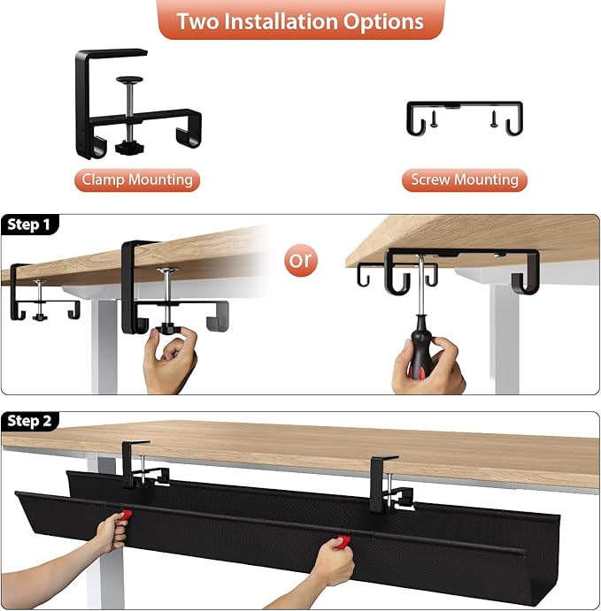 Univivi No Drill Under Desk Cable Management Tray, 48" Cord Organizer for Table, Clamp/Screw Mount Desk Cable Management, Premium Fabric Cable Management Tray for Office, Home (Extra Large)
