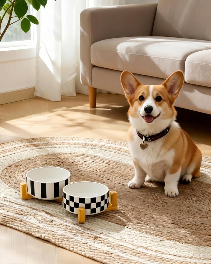 TRUVIC Ceramic Dog Bowl Set of 2 with Wood Stand, Black and White Checkered & Striped Dog Food and Water Bowl Set, 3.5 Cup/28 oz Elevated Puppy Food Bowls for Medium Dogs, Dishwasher Safe