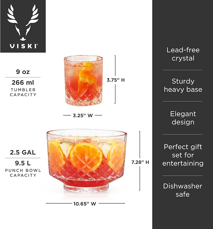 Viski Admiral Punch Bowl Set with 8 Tumblers, Cut Crystal Cocktail Party Serveware, Dishwasher Safe, 2.5 Gallons, 9 Oz Glasses, Set of 9