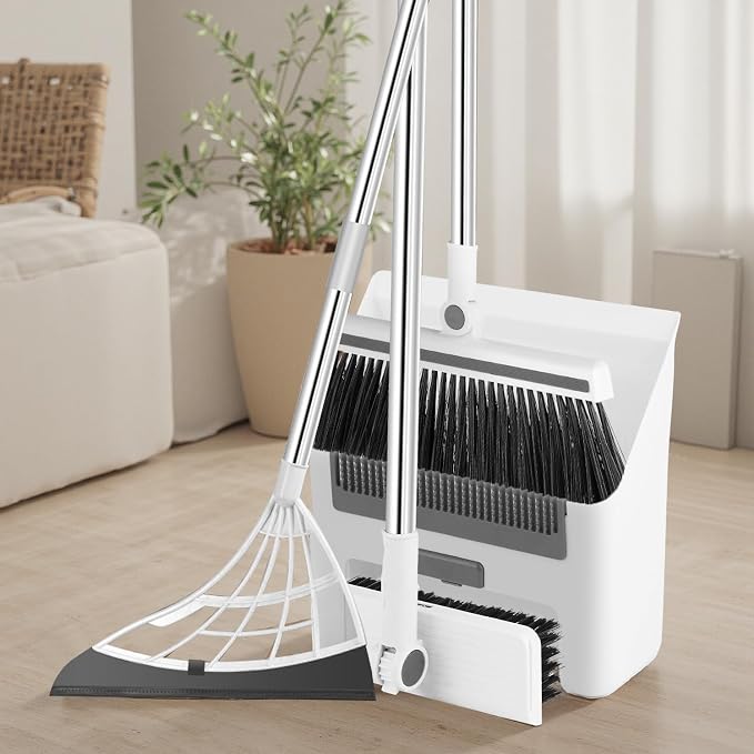 SZZJKJ Broom with Dustpan Combo Set, Silicone Long Handle Broom Dustpan, Floor Scrub Brush - Cleaning Broom 4 in 1 (White)