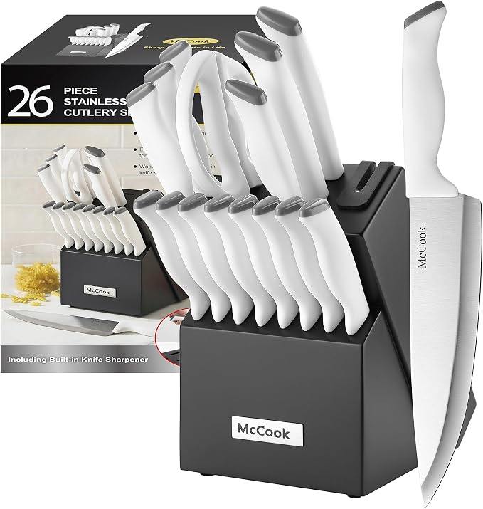McCook Kitchen Knife Set 24PC Knife Block Set w Built-in Sharpener | German Forged Stainless Steel, Razor Sharp, Anti-Rust,Restaurant Grade,Ergonomic Handles,Full Tang,Gift Box