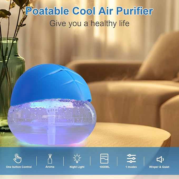 Water-Based Purifier Air Washer, Air Revitalizer & Freshener, Air Fresher with 7 LED Color Changing Light for Rooms (Blue)