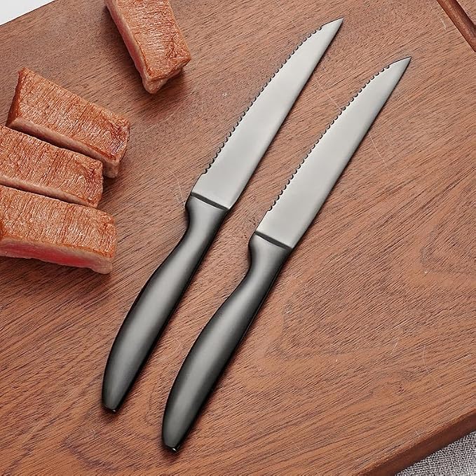 SuperCook Black Steak Knife Set of 6, Serrated Steak Knives, Stainless Steel Steak Knives Set, Kitchen Steak Knife, Dishwasher Safe