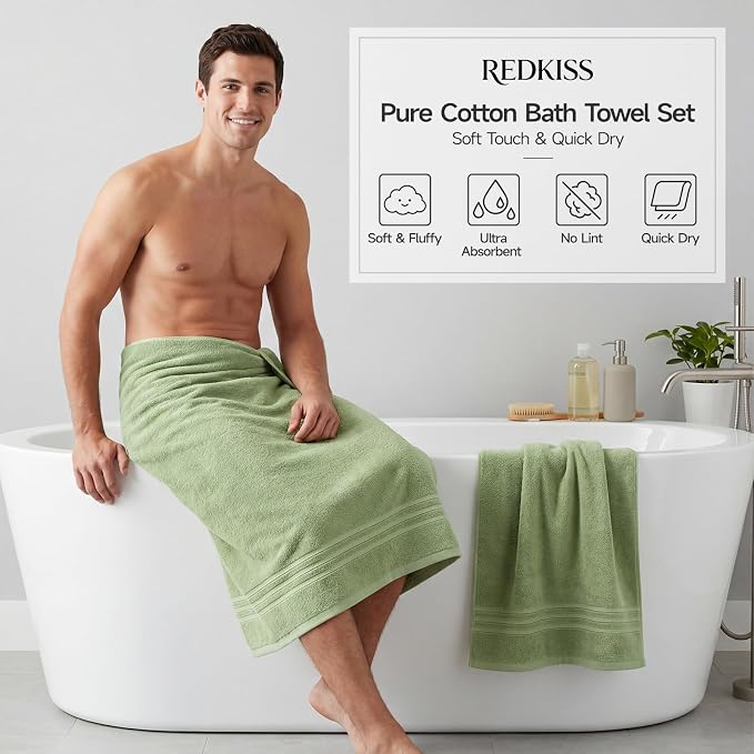 REDKISS Sage Towels Set 6 Piece Cotton Towel Sets with 2 Bath Towels, 2 Hand, 2 Washcloths, 650GSM Hotel Quality, Soft, Highly Absorbent Towels for Bathroom Gym, Ideal Everyday Use