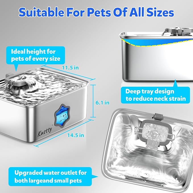 Kastty 4Gal/15L Stainless Steel Dog Water Fountain for Pets, Inside, FS81 | 5-Stage Filtration, Dual-Color LED, Visual Window, Large Medium & Multi-Pet