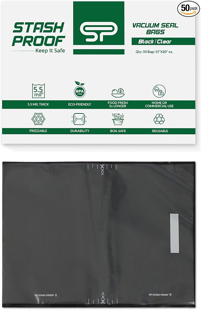 Vacuum Seal Bags 15" x 20" (50 Count) 5.5 Mil (Black & Clear) Precut BPA Free Heavy-Duty Commercial Grade Sealer Bags for Sous Vide, Meal Prep, Freezer Storage & Food Preservation