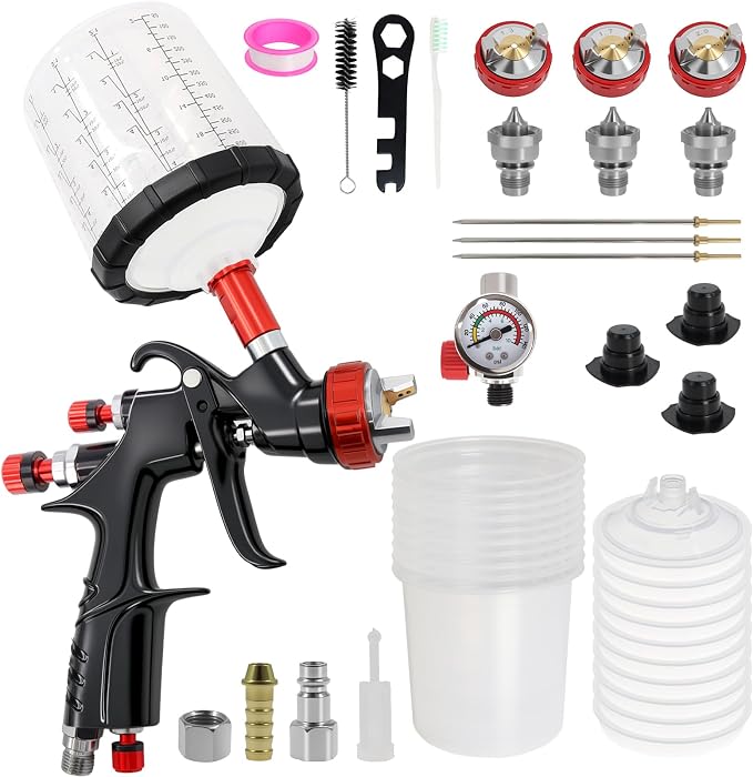 R500 LVLP Air Spray Gun Kit with Disposable Cups 1.3/1.7/2.0mm | Low CFM Spray Gun with 10 Cups 650ml Cup and Regulator, 18-30 PSI for Automotive Furniture and DIY Painting