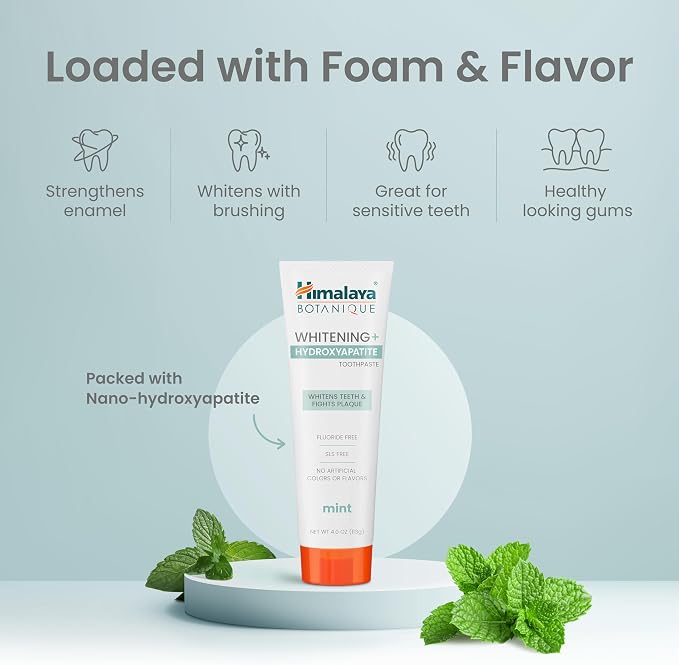 Himalaya Botanique Whitening+ Nano Hydroxyapatite Toothpaste, Mint, 4 oz | Nano Hydroxyapatite Toothpaste, Support Enamel Strength & Integrity,Great for Sensitive Teeth, Fluoride Free,SLS Free & Vegan