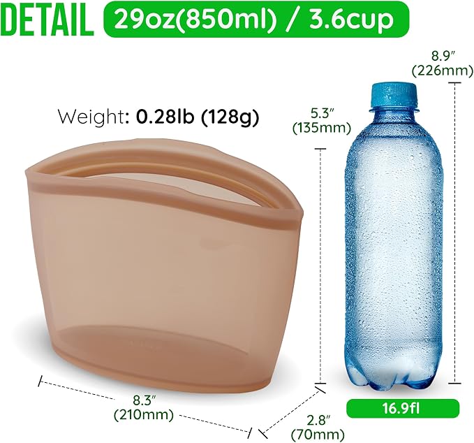 Reusable Silicone Sandwich Bag, 3.5 Cups, Food Storage Container, Made in Korea BPA-Free Platinum Silicone, Reusable Freezer Bag, Microwave Safe, Sous Vide, Lunch Baggies, 29oz, Brown | Reusable Zip Bag