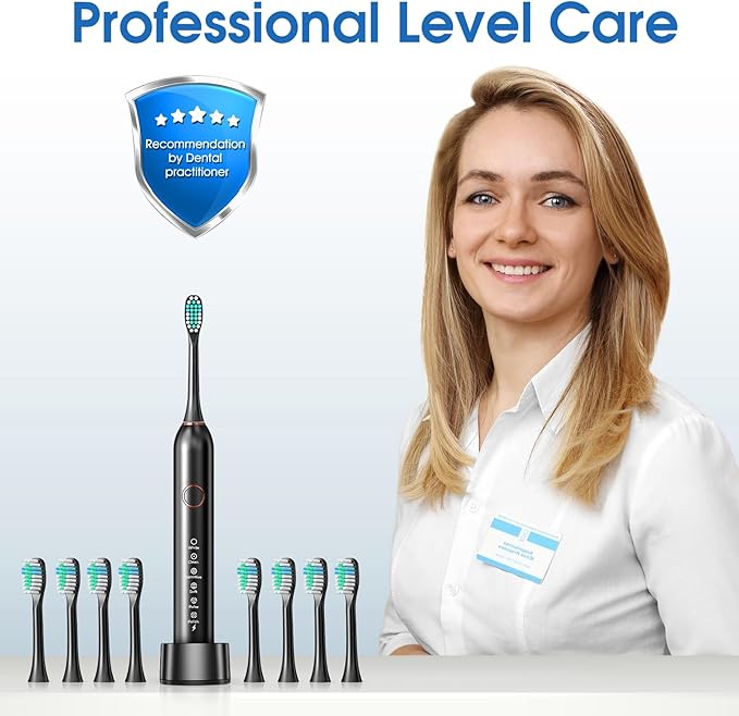 Electric Toothbrush, Sonic Type for Adults & Teens, 8 Brush Heads, Travel Case, 6 Modes, 40000 VPM Electric Motor, IPX7 Waterproof, 2 Minutes Timer, Wireless Charging, One Charge for 100 Days-Black