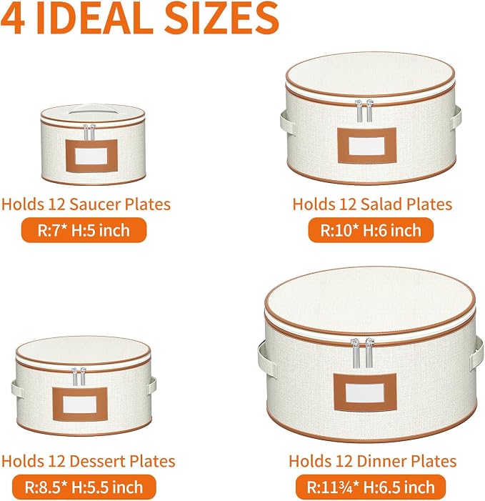 Aokeyee 4-Piece Plate Storage Set, Hard-Shell Dinnerware Organizer, Ivory | With 48 Soft Felt Dividers for Saucer, Dessert, Salad and Dinner Plates, Dual Zippers, Handles, Stackable, Moving & Storage